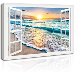 Wave Canvas Wall Art Sunset Ocean Nature Pictures Ready to Hang for Living Room Bedroom Home Decorations Modern Large Size Stretched Seascape Giclee Artwork Ready to Hang 30x40 Inch