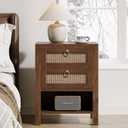 Rattan Night Stand with Drawers - Boho Nightstand with Charging Station, Bedside Table with Storage Shelf, Accent Side Table End Tables Living Room, Wood Nightstands for Bedroom, Walnut, 15.75"D x 18.11"W x 25.2"H
