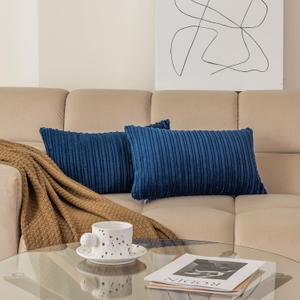 Corduroy Style Cushion Cover with Stripe Pattern, 12x20 Inch, Throw Pillow Covers in Navy Blue, Machine Washable Home Decor Decorations for Bedroom Living Room