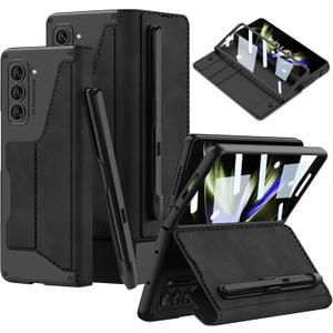 for Samsung Galaxy Z Fold 5 5G Case with [Fold5 Edition S-Pen Slot], Military Armor Cases Full Body Protective Anti-Scratch Hard Slim Leather Bracket Case with Screen Protector (Black)