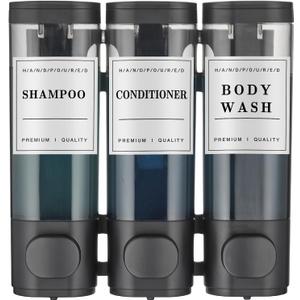 Shampoo and Conditioner Dispenser, Shower Soap Dispenser 3 Chamber No Drill Wall-Mounted Shampoo Dispenser for Shower Wall Mounted Shower Dispenser for Bathroom Hotel Large Capacity, Black