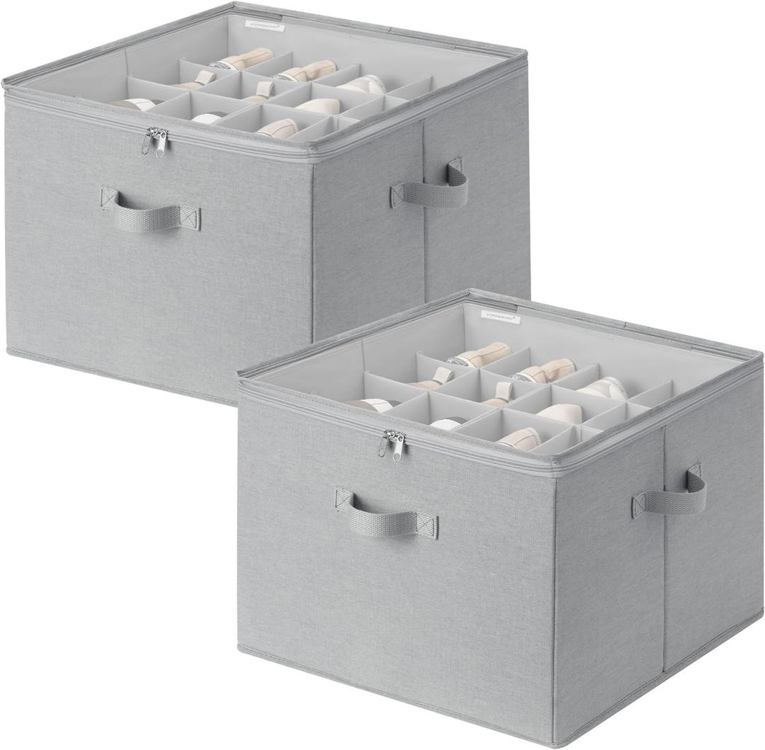 StorageWorks 2 Pack Shoe Organizer for Closet, Foldable Shoe Storage Box with Adjustable Dividers, Fabric Shoe Boxes Organizer for 32 Pairs, Closet Organizers and Storage Bin for Boots, Sneakers, Grey