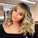 Ombre Blonde Wig with Bangs Short Wavy Bob Wigs for Women Realistic Curly Hair Wigs Shoulder Length Style Synthetic Heat Resistant Wig for Everyday Hairstyle 16 Inch