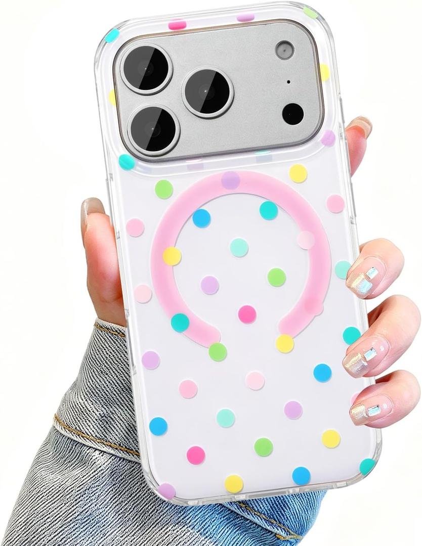 UEEBAI Polka Dot Magnetic Case for iPhone 17 Pro, Cute Polka Dot Phone Case for Aesthetics Cover Compatible with Magsafe Soft Slim Phone Cover for Women Girls - Colorful