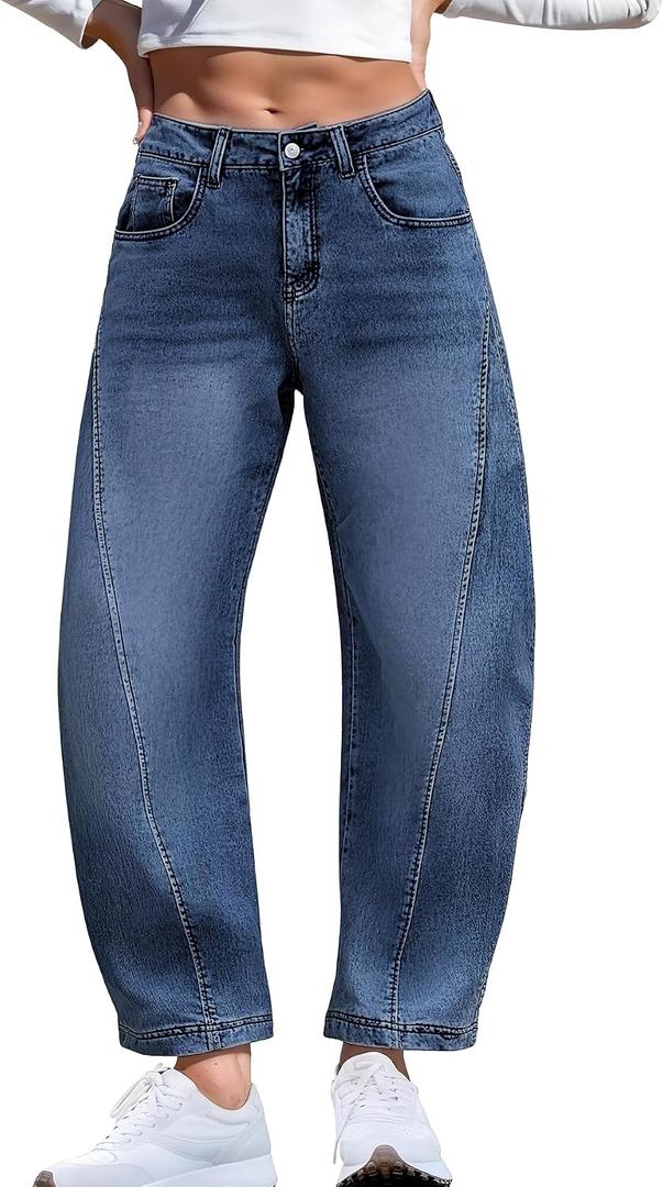 ELLEVEN Barrel Jeans for Women Stretchy Denim Pants Boyfriend Baggy Mid Rise Sweatpant Jeans (Blue, L)
