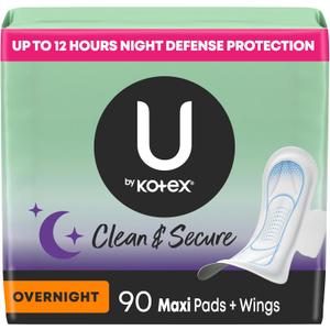 U by Kotex Clean & Secure Overnight Maxi Pads with Wings, 90 Count (3 Packs of 30)  U by Kotex Clean & Secure Overnight Maxi Pads with Wings, 90 Count (3 Packs of 30)