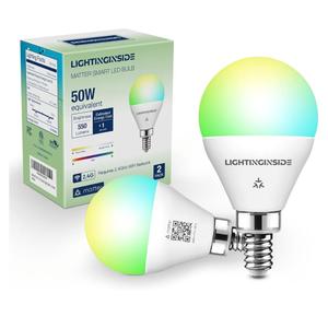 Lightinginside Matter E12 Smart Light Bulbs 50W Equivalent 5W 550LM, Compatible with Alexa/Siri/Apple Home/Google Home/SmartThings, G16.5 RGBCW Candelabra Ceiling Fan Bulb, 2.4G WiFi, ETL Listed, 2PCS