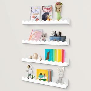 4-Pack Nursery Book Shelves, White Floating Shelves for Wall, Scalloped Shelves Small Kids Bookshelf and Toy Storage for Toddler Bedroom Bathroom Decor (15.5 inch)