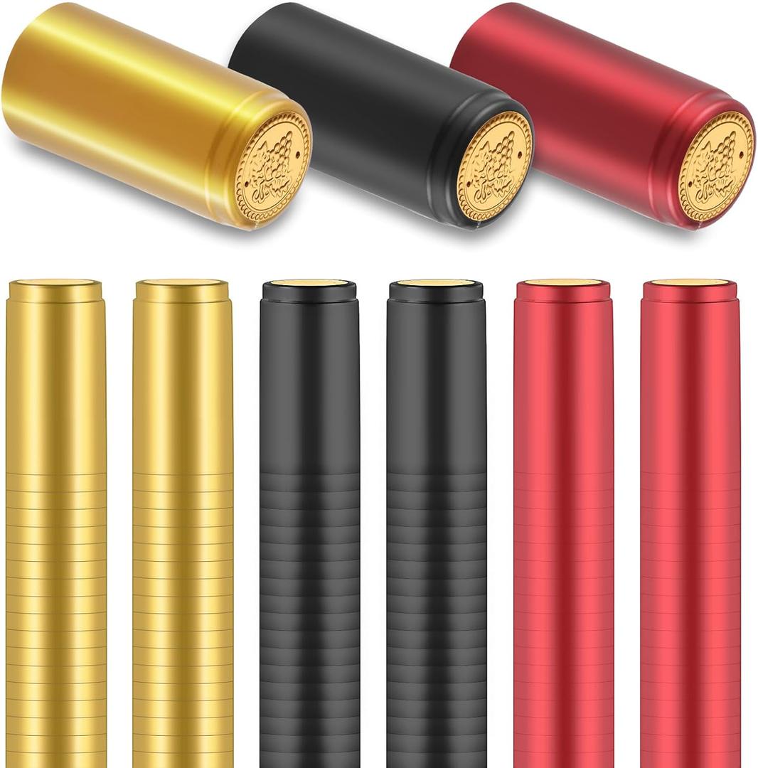 PVC Heat Shrink Capsules, 120 Pieces Shrink Wrap Caps, 3 Color Bottle Capsules Shrink Caps for Professional Making Cellars and Home Use (Black, Red, Gold)
