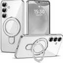 Compatible with Samsung Galaxy S24 Case with Magnetic Ring Stand [Compatible with Mag-Safe] [Full Camera Lens Protector] Plating Clear Phone Case for Samsung Galaxy S24 6.2", Silver