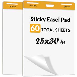 SUNEE Sticky Easel Pads, 25x30 Inches, 30 Sheets/Pad, 2 Pack Self Stick Flip Chart Paper for Whiteboards, Premium Large White Chart Paper