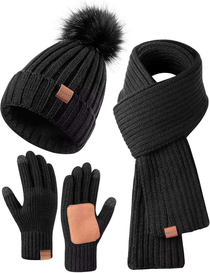 Winter Beanie Hat Scarf Gloves Set for Women, Winter Hats for Women Fleece Lined Warm Thermal, Womens Beanie with Pom Pom Long Scarf Neck Warmer Touchscreen Gloves 3 in 1 Cold Weather Set(A-02) Black