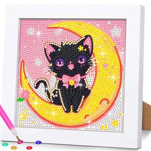 SuanFA Cat Diamond Art Kits for Adults with Frame, Moon Diamond Painting Kits for Kids,Full Round Drill Gem Painting Kit with Colorful Box for Decoration and Gift(15x15 cm/6x6 inch)