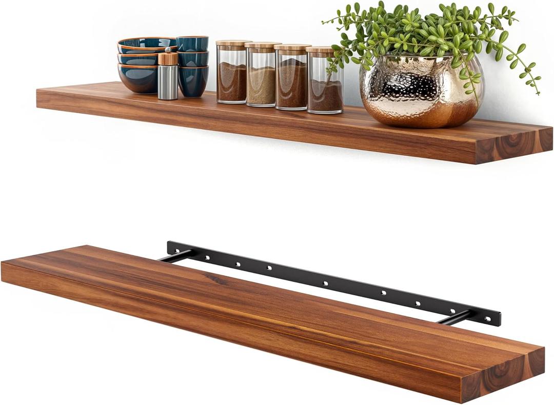 BATODA Set of 2 36" Wood Floating Shelves Wall Mounted Rustic Farmhouse Wooden Wall Storage Shelf for Bedroom, Kitchen, Home Dcor - Brackets and Shelving Hardware Included (Acacia, 36inch)