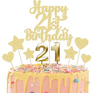 Gyufise 15Pcs Happy 21st Birthday Cake Topper Set with Heart Star Glitter Cheers to 21 Years Cake Picks Number 21 Candles Cake Decorations for Happy 21st Birthday Anniversary Party Supplies Gold