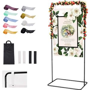 Wedding Sign Stand - Adjustable Wedding Sign. With Leather and Satin Hanging Straps, flowers and Storage Bag. Sturdy Easel Stand for Wedding Welcome Signs, Seating Charts, Ceremony Birthday Graduation Party. (Black)