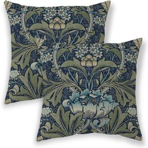 BETGINY Vintage Floral Boho Pillow Covers 20x20 Inch 2 Pcs, Navy Blue Green William Morris Flower Decorative Throw Pillows,Rustic Botanical Outdoor Decor Pillowcase Linen Cushion Cover for Couch Sofa