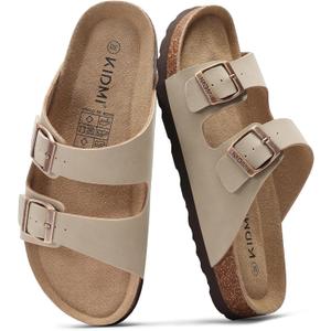 KIDMI Unisex Genuine Suede Summer Sandals Arch Support Cork Footbed Slide Sandals with Double Adjustable Buckle for Women Men (10 Women/8.5 Men, Stone)