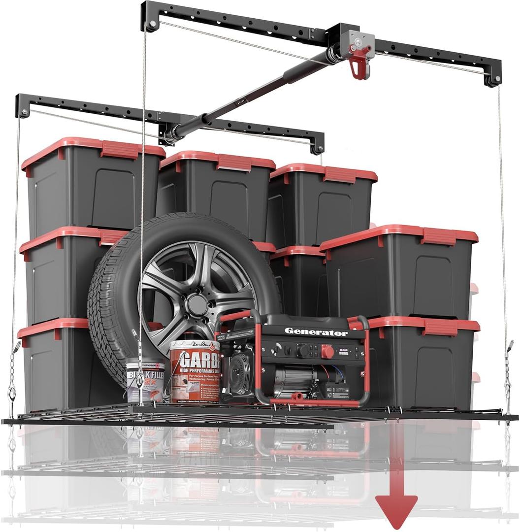 Overhead Garage Storage Rack for 10–12 FT Ceiling, Heavy-duty 4x4 FT Ceiling Storage Racks with Safety Lock, Ideal for Garage Storage Mounted Lift System and Storage Organizer, 250lbs Capacity