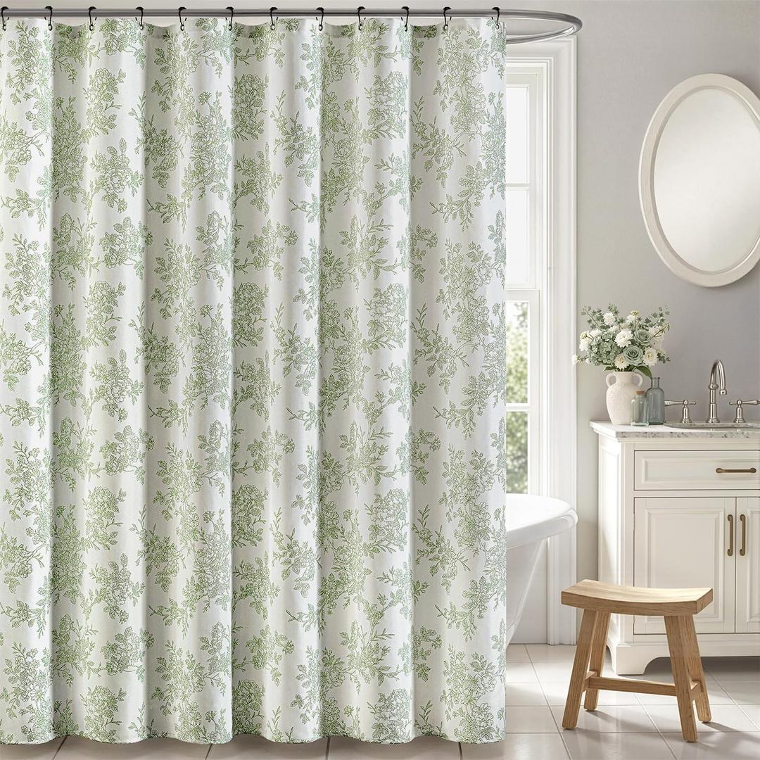Spring Extra Long Sage Green Floral Shower Curtain W72*L84 Inches | Linen Textured Fabric, 12 Rustproof Metal Hooks, Wrinkle Resistant Cloth, Machine Washable, Bathroom Decor for Cottage Core