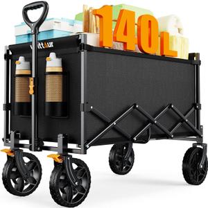 140L Collapsible Wagon Cart Foldable, Portable Folding Wagon with Silent Universal Wheels, Utility Grocery Cart for Camping Sports Shopping, Black