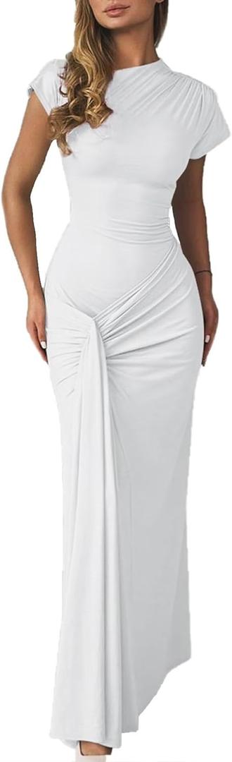 Mojessy Women Bodycon Maxi Dress Sexy Mock Neck Lace Up Bandage Ruched Short Sleeve Long Dress Cocktail Dress (Medium, White)