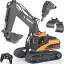 Kolegend 3 in 1 Remote Control Excavator Toy 1/14 Scale RC Excavator, 15 Channel Upgrade Full Functional Construction Vehicles with Tools Metal Breaker and Electric Gripper(Yellow/Black) (Medium)
