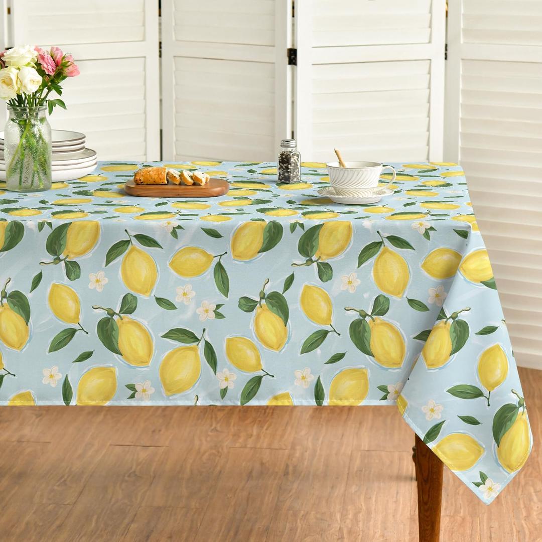 Horaldaily Summer Tablecloth 60140 Inch Rectangular, Lemon Jasmine Blue Yellow Washable Seasonal Table Cover for Party Picnic Dinner Decor