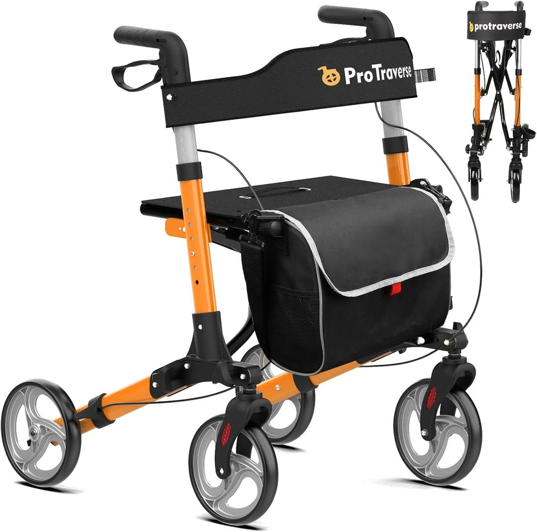 Walkers for Seniors,rollator Walker with seat,Lightweight Foldable All Terrain Rolling Walker,Adjustable Height,Rollator with Large Wheels,Walker Rollator with Seat,Orange