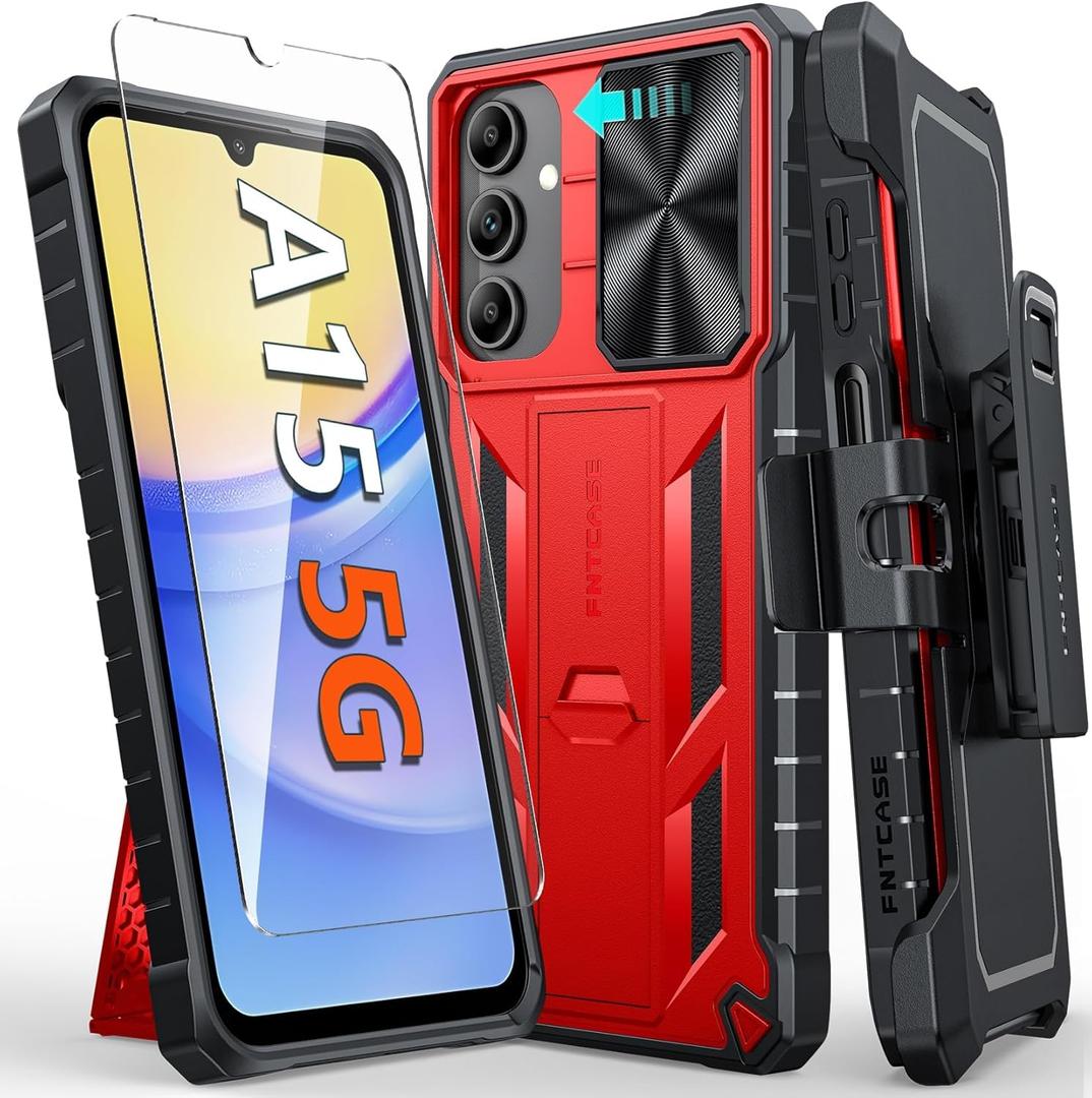 FNTCASE for Samsung Galaxy A15-5G Case: Rugged Protective Phone Cases with Kickstand & Holster | Military Grade Shockproof Protection Sturdy Heavy Duty Drop Proof Hard Covers 6.5 inch Red