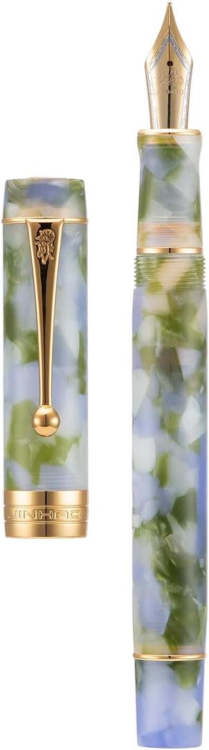 Jinhao 100 Fountain Pen Celluloid Classic Style, #6 Nib Smooth Writing Instrument with Refillable Converter and Pen Case Set (Blue Green)