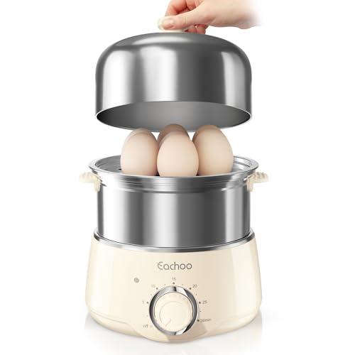 Hard Boiled Egg Cooker - CACHOO 14-Egg Rapid Stainless Steel Egg Boiler with 30-Min Timer & Auto Shut Off, Compact Electric Vegetable Steamer for Cooking, Dishwasher Safe, Beige