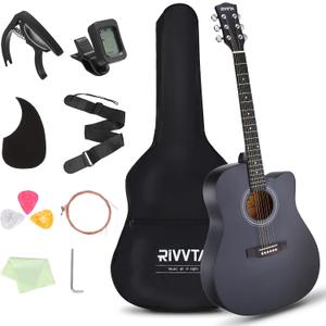 RIVVTA Acoustic Guitar Kit for Beginners Adults, 41 Inch Cutaway Acoustic Electric Guitar with Tuner, Strings, Picks, Strap, Pickguard, Capo, Hex Wrench, Gig Bag, Cleaning Cloth, Black