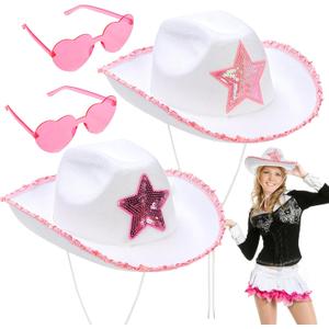 2 Pack White Cow girl Hat with Heart Sunglasses, Cowboy Hat with Pink Sequin Star, Preppy Cow Girl Costume Accessories with Adjustable Neck Draw String for Women, Halloween, Dress Up Party