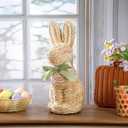 16 Inches Cornhusk Woven Bunny Easter Decor Spring Easter Woven Bunny Rabbit Collection Crafts Without Bow Decorations Rabbit Figurine Ornaments for Spring Home Kitchen Farmhouse Decor Centerpiece