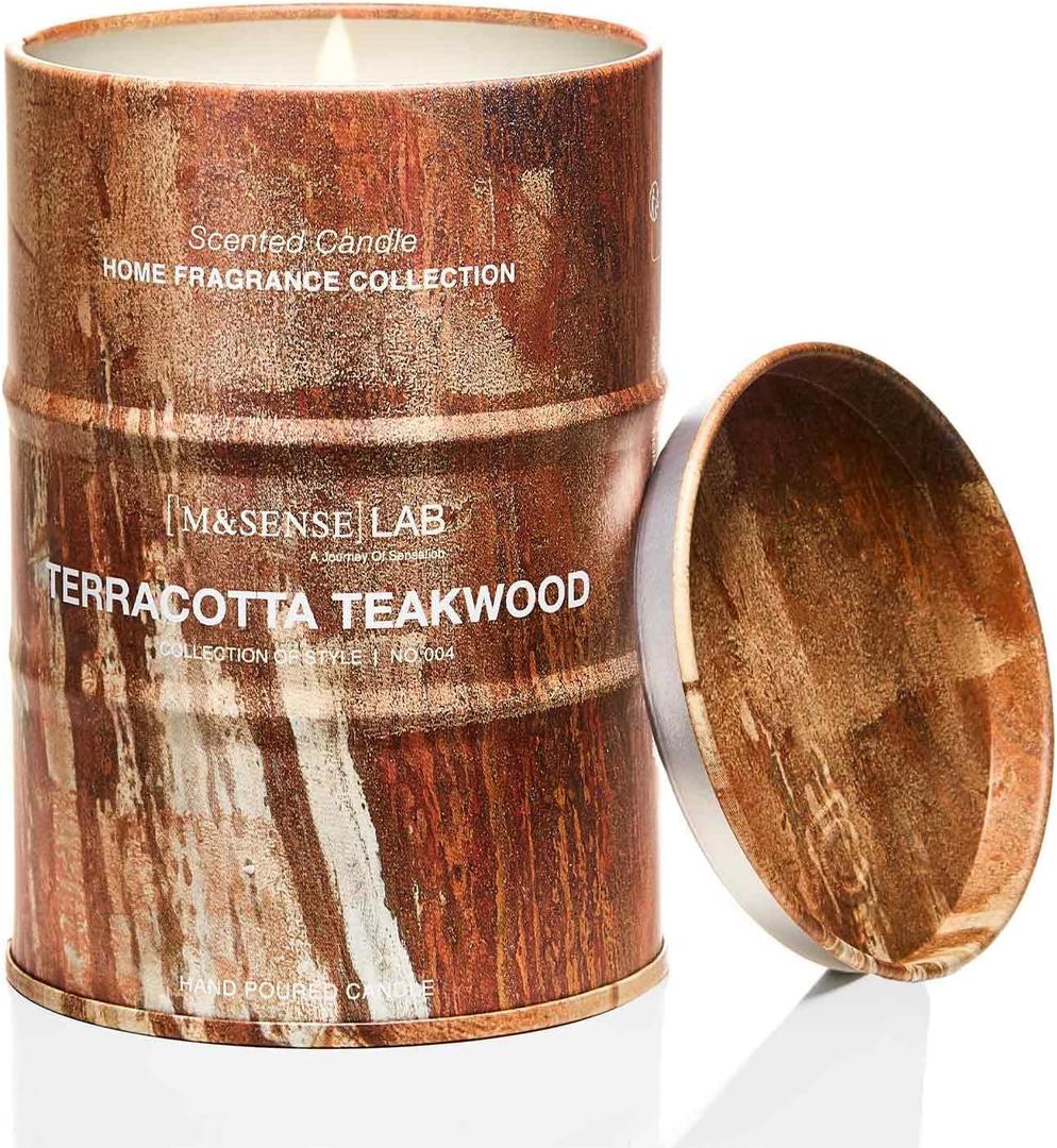 M&SENSE Terracotta Teakwood Scented Candles Christmas Decor,Natural Non Toxic, Aromatherapy Candle for Stress Relief Meditation Relaxing, Housewarming Gifts for Women Men, 11.3oz 70 Hour