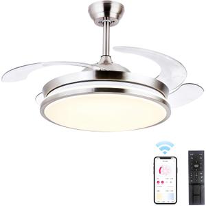 STERREN Retractable Ceiling Fans with Lights,42 Inch Modern Low Profile Bladeless LED Ceiling Fan Lights with Remote Control Smart Brushed Nickel Ceiling Fan for Bedroom Living Room (Silver)