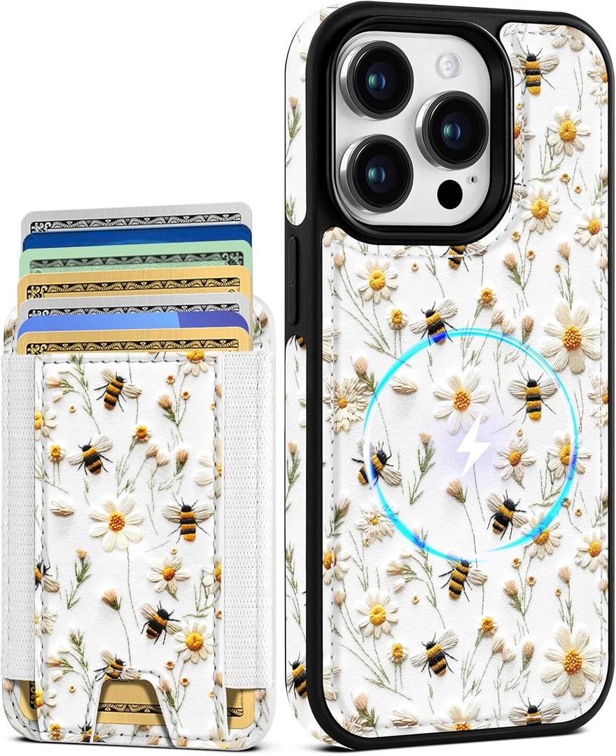 Shorogyt for iPhone 15 Pro Max Case Wallet - Fits 5 Cards, Compatible with Magsafe Detachable Magnetic Credit Card Holder Leather Cardholder Cute Phone Cover Women Girl for Apple 15 ProMax, Bee Flower