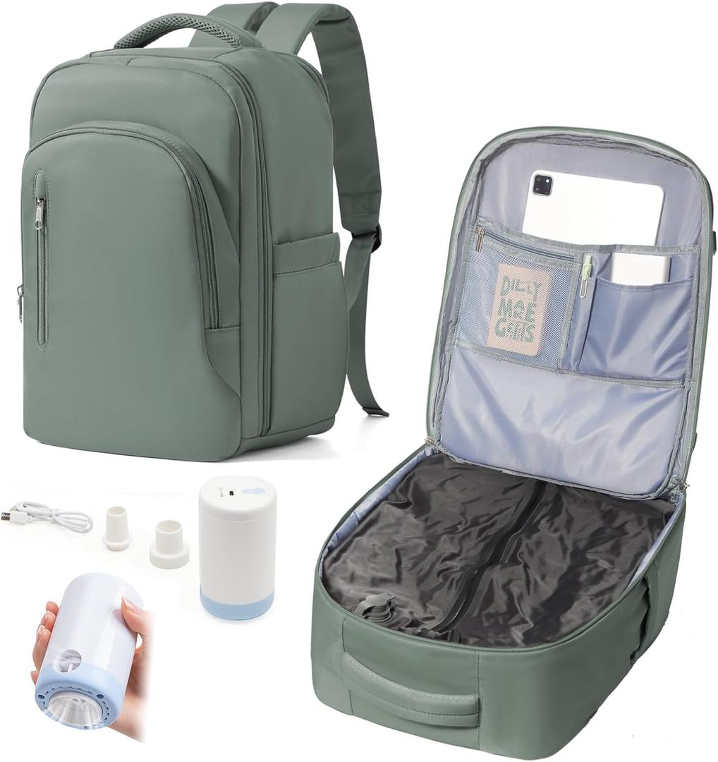 Vacuum Backpack Travel with Pump for Women, Personal Item Carry on Backpack Flight Approved 18x14x8 inches for Men, Waterproof Work Laptop Casual Daypack - Green