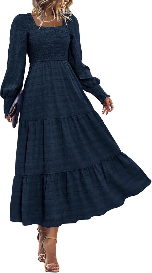 KIRUNDO Spring Dresses for Women 2026 Wedding Guest Maxi Long Sleeve Summer Smocked High Waist Flowy Party Cocktail Dress (Small, Navy)