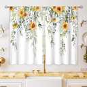 Eucalyptus Botanical Leaves Sunflower Floral Kitchen Window Curtains Over Sink Farmhouse Flower Leaf Small Window Treatment Cafe Short Curtains for Bathroom Treatment Tier Drapes 26x24 inch (06 Green Dark Yellow)