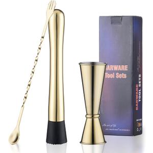 Gold Muddler for Cocktails, 10 Inches Bar Spoon, 1 oz 2 oz Double Jigger- Premium 3 Piece Gold Mixing Tools Set for Drinks