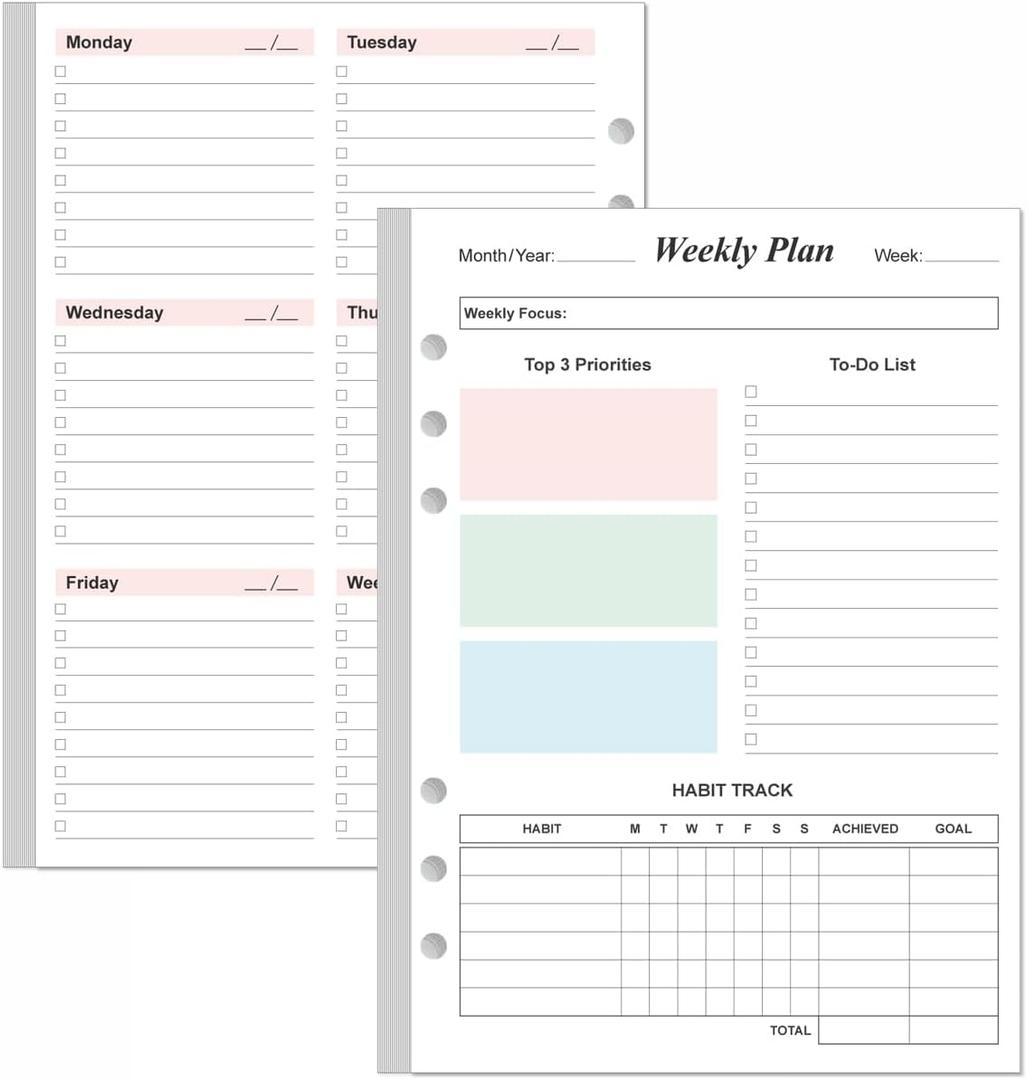 Weekly Planner Refills for A5 Binders - 53 Sheets/106 Pages Undated Colorful Weekly Planner, 6-Hole Punched, 100 gsm White Paper, Lasts 1 Year, Undated, 5.8" x 8.3"