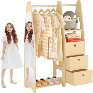 Kids Dress Up Storage with Mirror, Kids Closet Organizers and Storage with 3 Drawers and Stickers,Open Hanging Kids Armoire Closet, Toddler Costume Organizer for Little Girls Boys Room