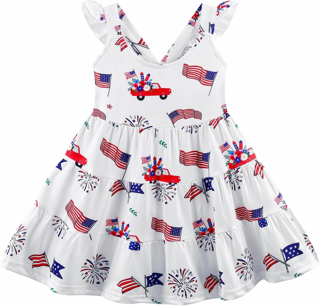Baby Girls Tiered Dress Flutter Sleeve Twirly Unicorn Sundress Kids Cute Outfits Toddler Summer Dresses 2-8 Years Old (6-7yrs old, White/Flag)