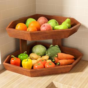Wooden Fruit Basket for Kitchen Counter 2 Tier, Large Capacity Fruit Bowl for Corner, Space-Saving Fruit Stand Holder for Bread Fruit and Vegetable Storage Kitchen Countertop Organizer