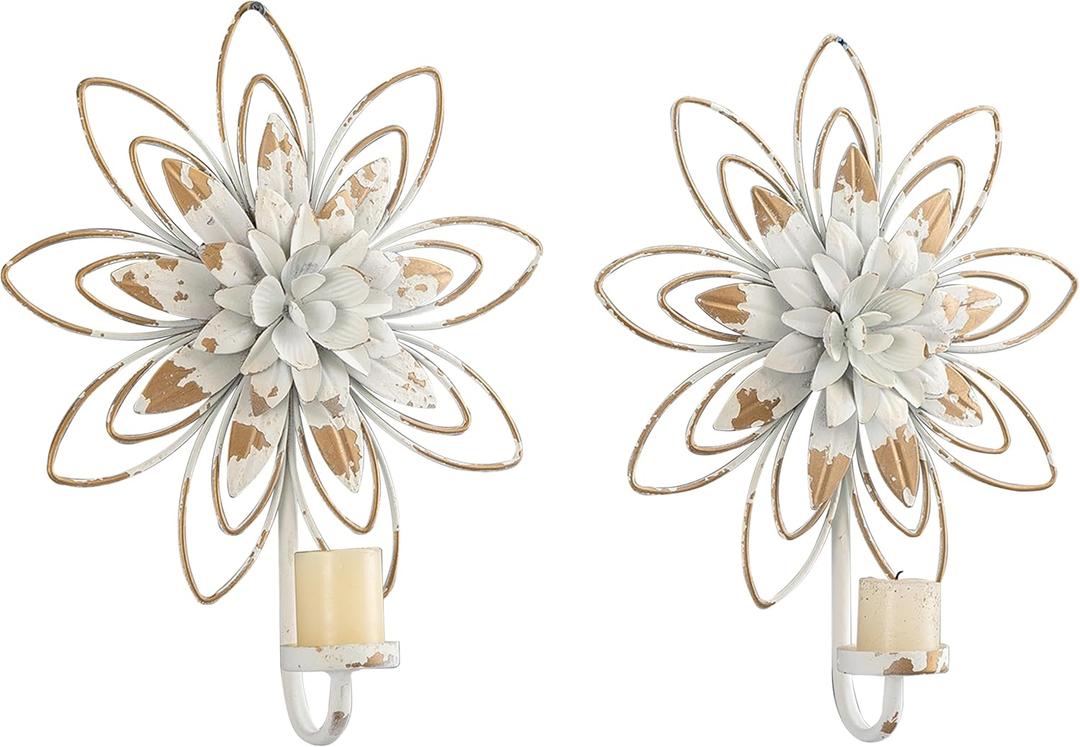 SOFE Vintage White Gold Candle Sconces Wall Decor Set of 2, Metal Flowers Wall Mount Candle Holders for Small Pillar Candles, Rustic Candle Sconces, Shabby Chic Hanging Wall Decor for Living Room