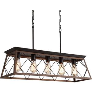 Q&S Farmhouse Rustic Chandelier Light Fixtures Bronze 5 Lights Linear Rectangular Chandelier Pendant Light Fixtures for Dining Room Kitchen Island Pool Bar Office Living Room Entryway UL Listed