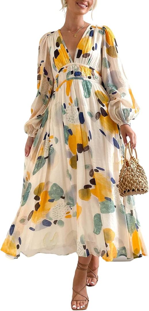 Maxigerui Women's Long Sleeve Floral Maxi Dress 2026 Spring Summer Wedding Guest Dress Yellow Watercolor L