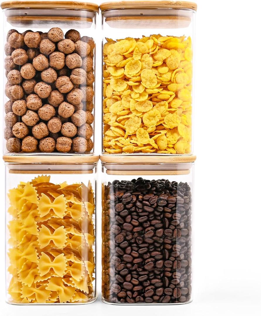SHOWIN Glass Food Storage Jars Square 37oz, 4 Pack Glass Jars With Bamboo Lids, Kitchen Storage Containers For Spice, Candy, Cookie, Storage For Pantry Organizers